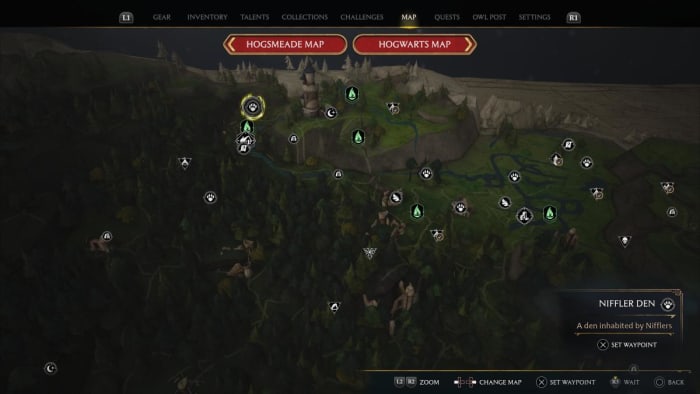 There are plenty of Niffler dens in Hogwarts Legacy, but the one North of Pitt-Upon-Ford is the easiest to find, as shown in the map location above.